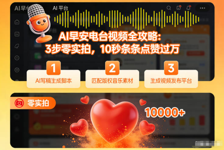 AI早安电台视频全攻略:3步零实拍,10秒条条点赞过万插图 AI早安电台视频全攻略:3步零实拍,10秒条条点赞过万